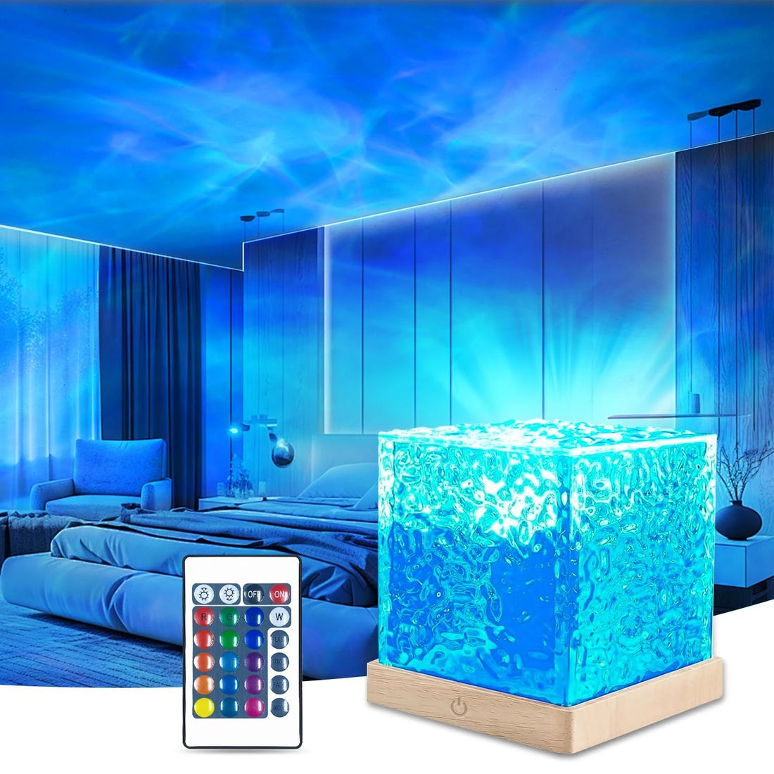 Northern Lights Cube Lamp - Ocean Wave Projector with 16 Color Options for Bedroom Decor