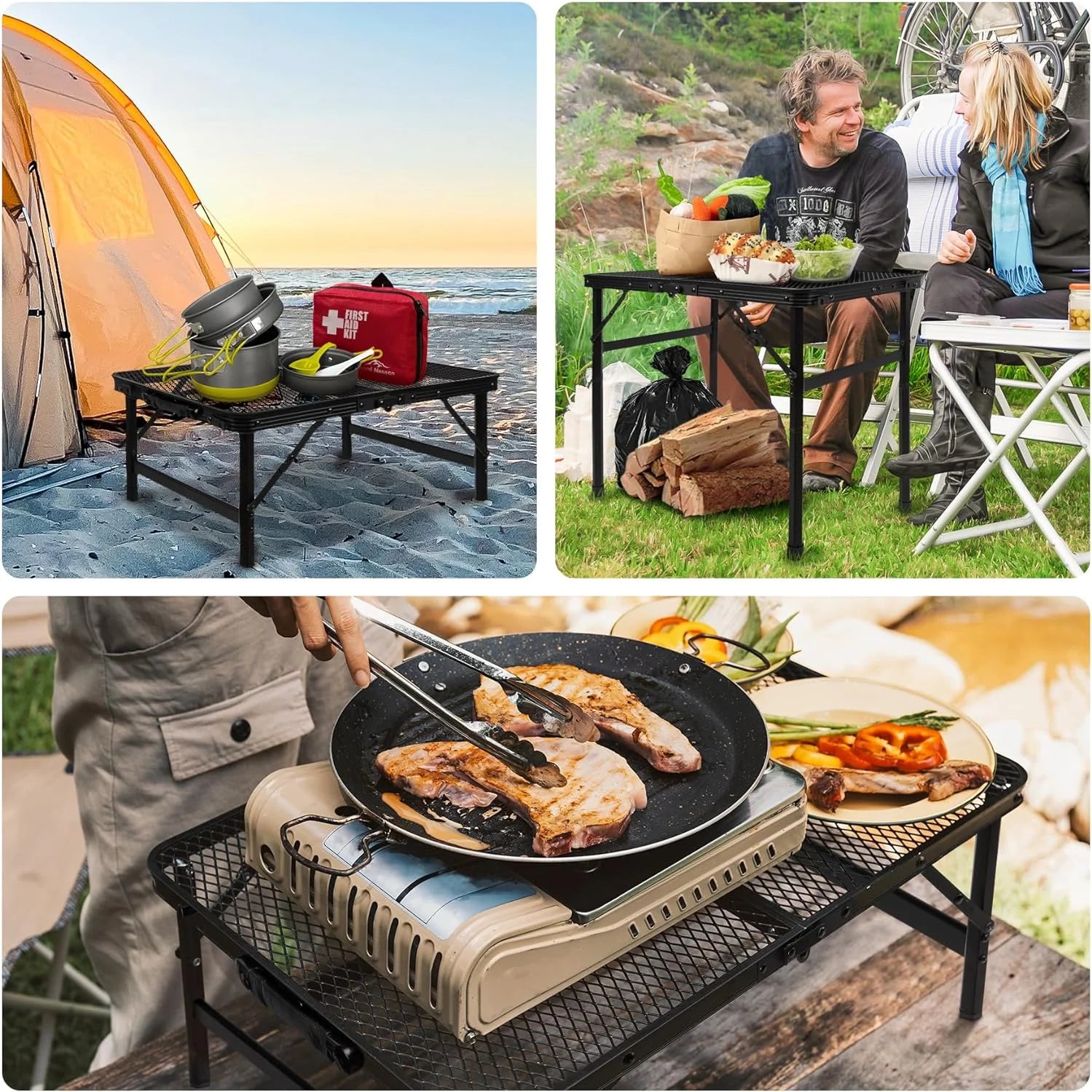 Folding Grill Table with Mesh Surface - Lightweight and Portable Height Adjustable Camping and Picnic Table for Indoor and Outdoor Use