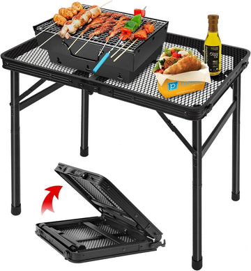 Folding Grill Table with Mesh Surface - Lightweight and Portable Height Adjustable Camping and Picnic Table for Indoor and Outdoor Use