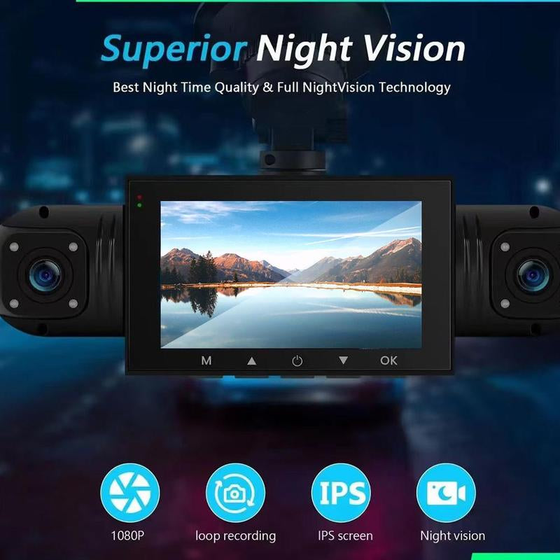 360-Degree Dash Camera with Front, Rear, and Interior Views, Loop Recording, HD Night Vision, and 32GB Micro SD Card Included