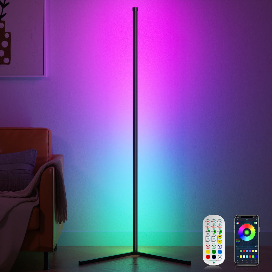 Smart RGB Corner Floor Lamp with App and Remote Control, 16 Million Color Options, Music Sync, Modern Design for Home and Gaming Spaces, Timing and Scheduling Features