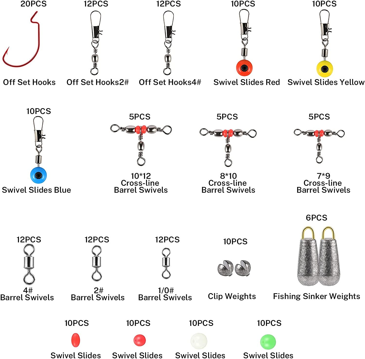 180-Piece Fishing Tackle Set with Tackle Box, Including Barrel Swivels, Offset Hooks, Swivel Slides, and Cross-Line Barrel Swivels