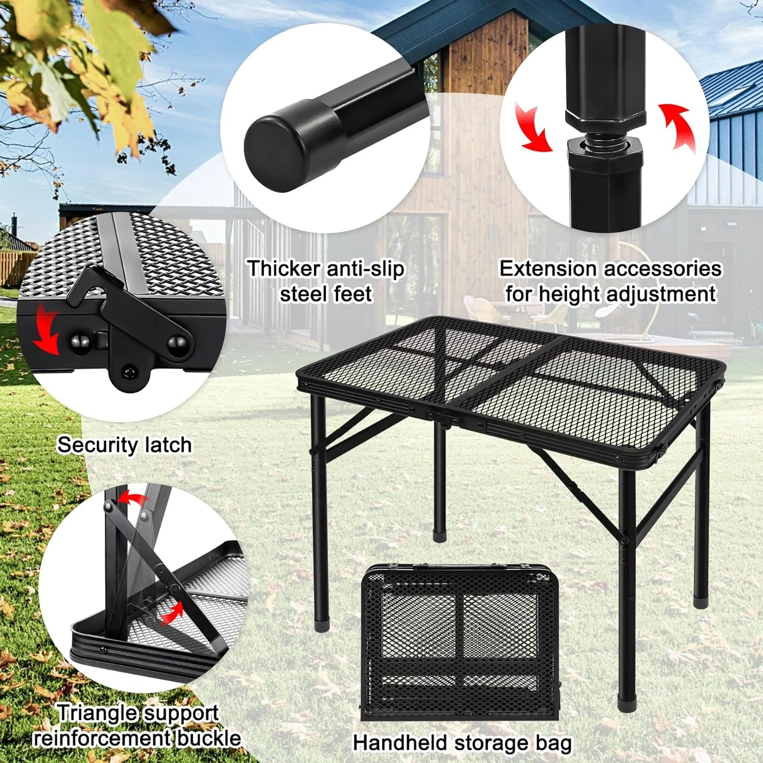 Folding Grill Table with Mesh Surface - Lightweight and Portable Height Adjustable Camping and Picnic Table for Indoor and Outdoor Use