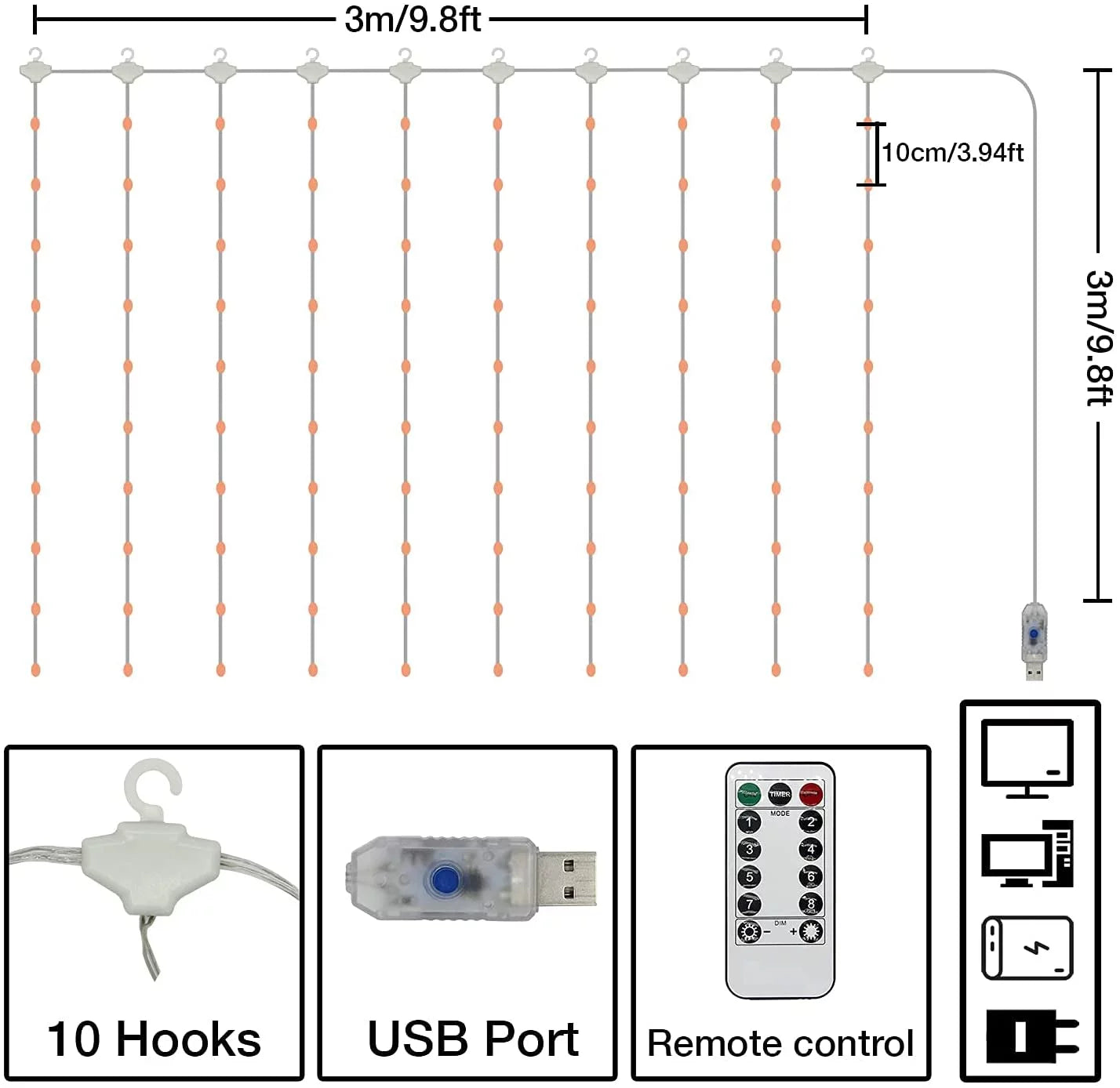 USB Fairy Light Window Curtains with Remote Control for Bedroom, Wedding, and Holiday Decor (Warm White)