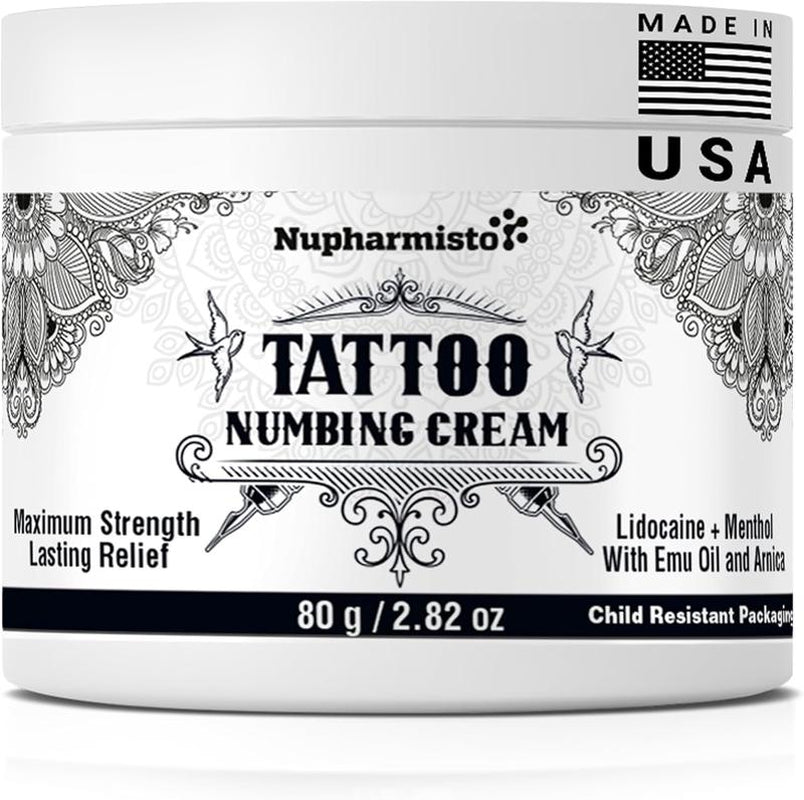 Maximum Strength Tattoo Numbing Cream with Lidocaine and Menthol - Long Lasting Pain Relief for Tattooing, Piercing, and Waxing - 2.8 Oz (80g)