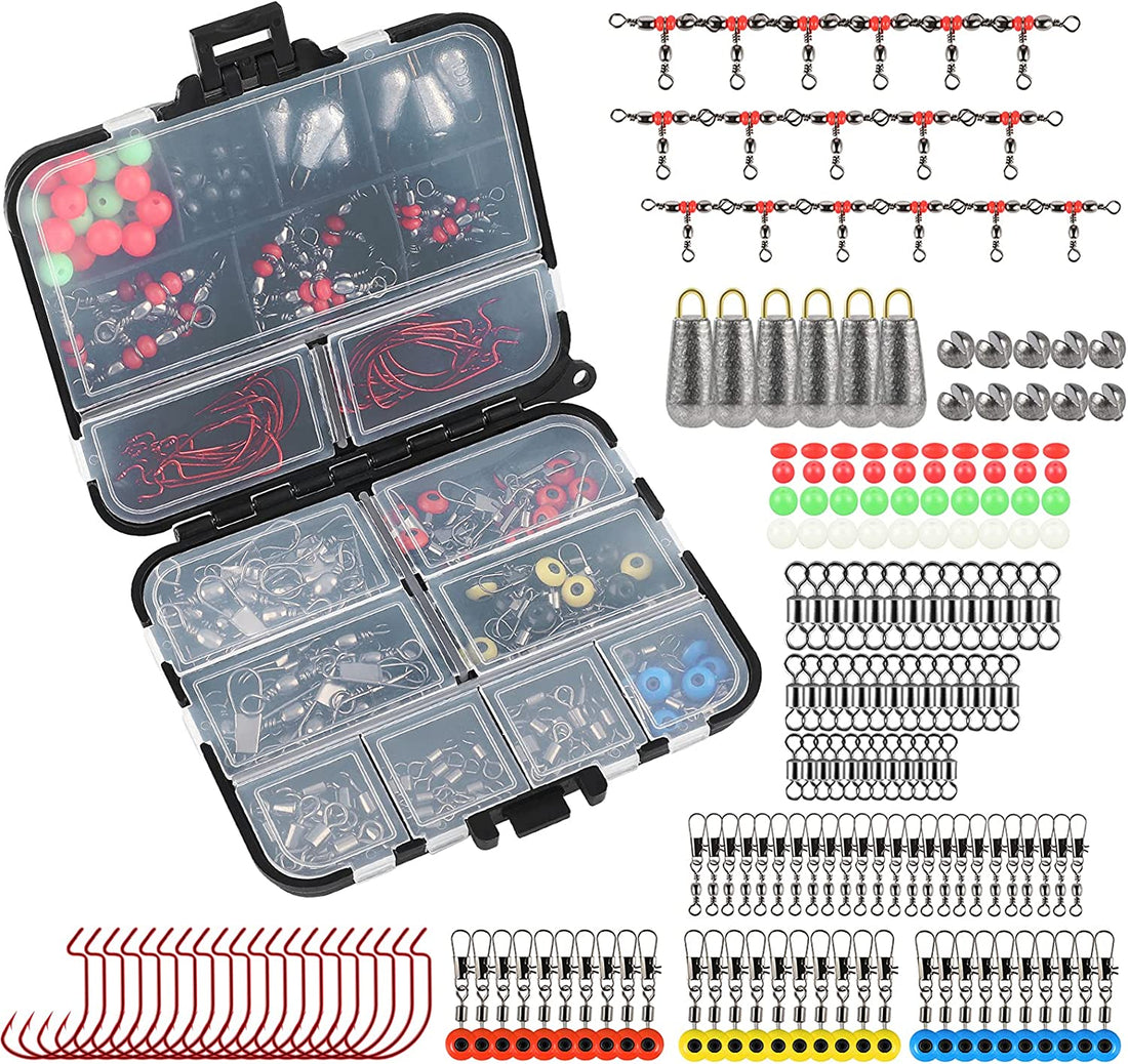 180-Piece Fishing Tackle Set with Tackle Box, Including Barrel Swivels, Offset Hooks, Swivel Slides, and Cross-Line Barrel Swivels