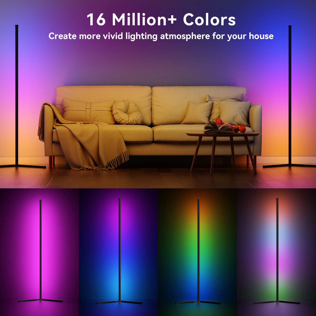 Smart RGB Corner Floor Lamp with App and Remote Control, 16 Million Color Options, Music Sync, Modern Design for Home and Gaming Spaces, Timing and Scheduling Features