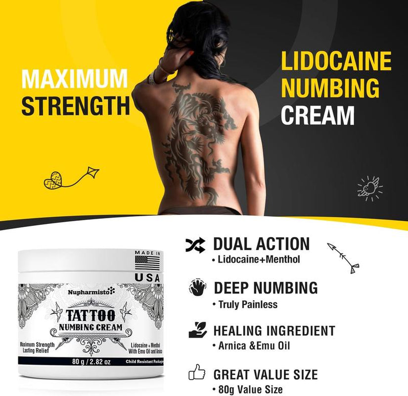 Maximum Strength Tattoo Numbing Cream with Lidocaine and Menthol - Long Lasting Pain Relief for Tattooing, Piercing, and Waxing - 2.8 Oz (80g)