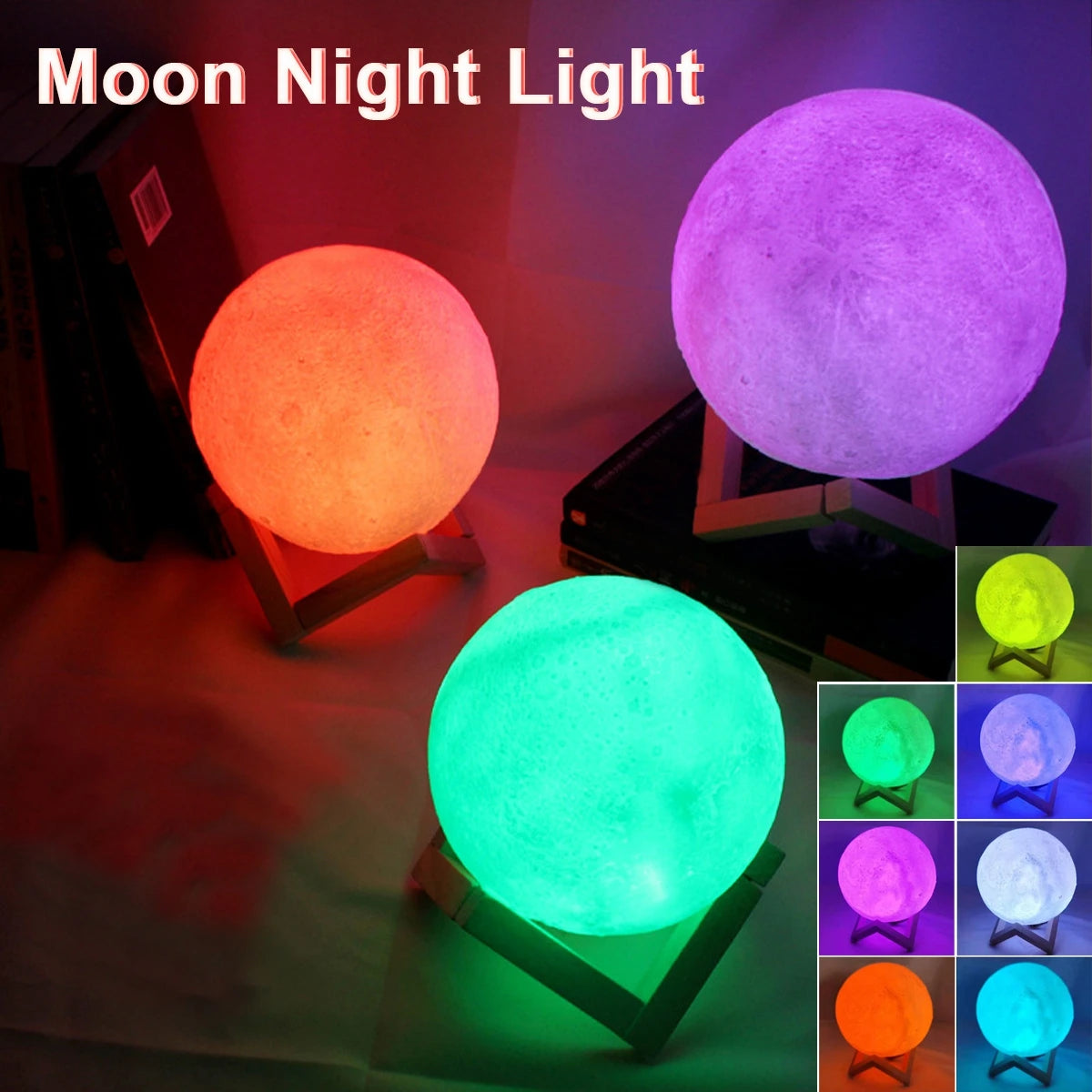 D5 8cm LED Moon Lamp with Stand - Battery-Operated Starry Night Light for Bedroom Decoration, Perfect Gift for Children and Holiday Occasions