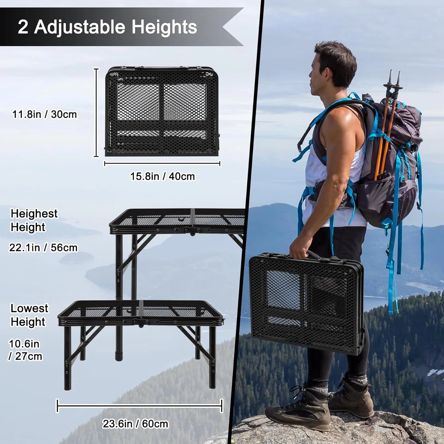 Folding Grill Table with Mesh Surface - Lightweight and Portable Height Adjustable Camping and Picnic Table for Indoor and Outdoor Use