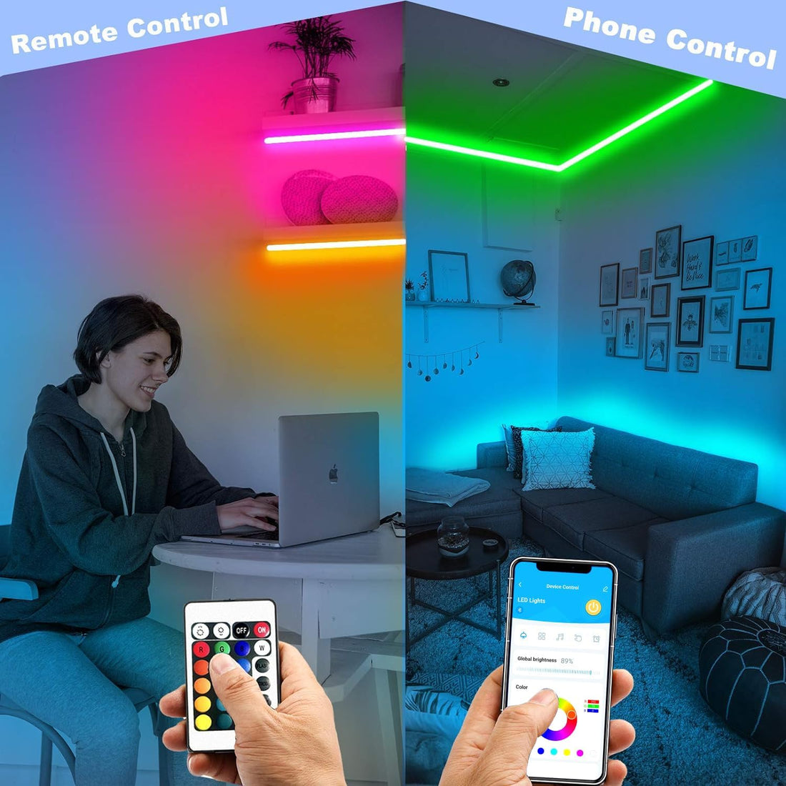 30-Foot Smart RGB LED Strip Light Kit with 24-Key Remote, App Control, Timer Scheduling, and Music Synchronization Features