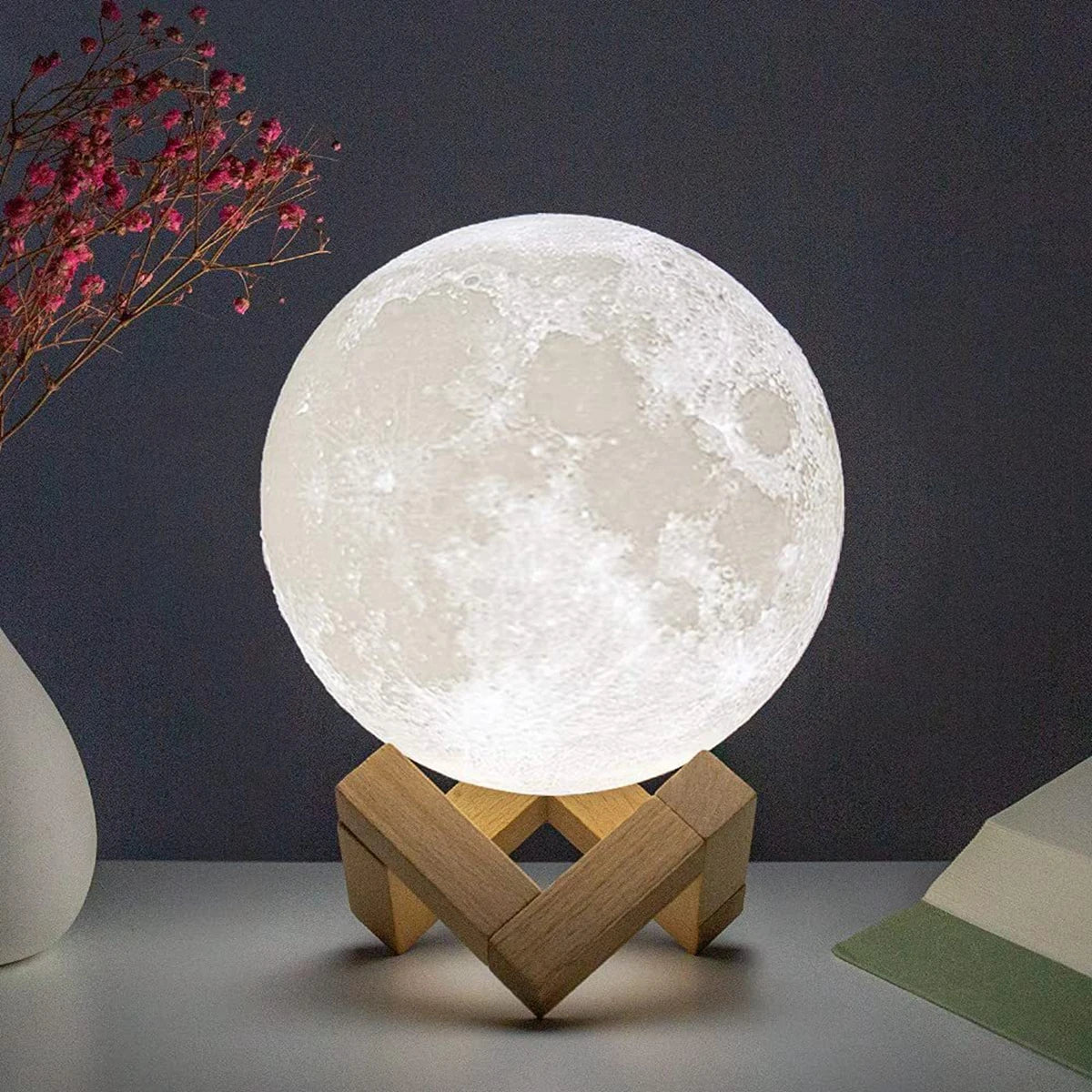 D5 8cm LED Moon Lamp with Stand - Battery-Operated Starry Night Light for Bedroom Decoration, Perfect Gift for Children and Holiday Occasions