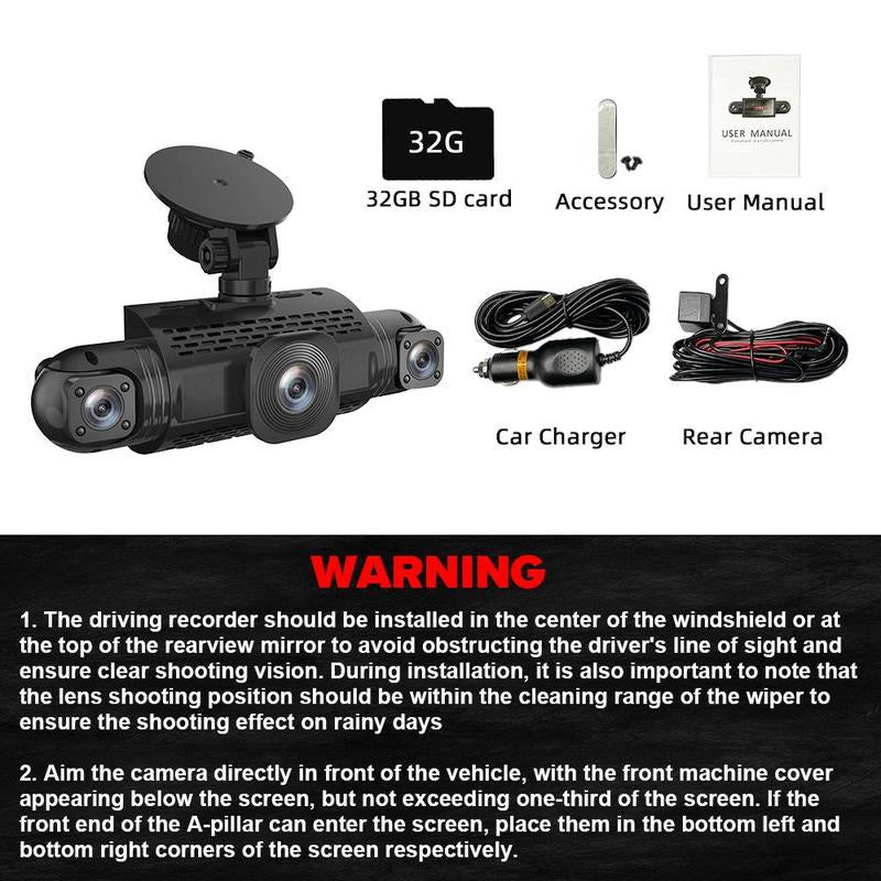 360-Degree Dash Camera with Front, Rear, and Interior Views, Loop Recording, HD Night Vision, and 32GB Micro SD Card Included