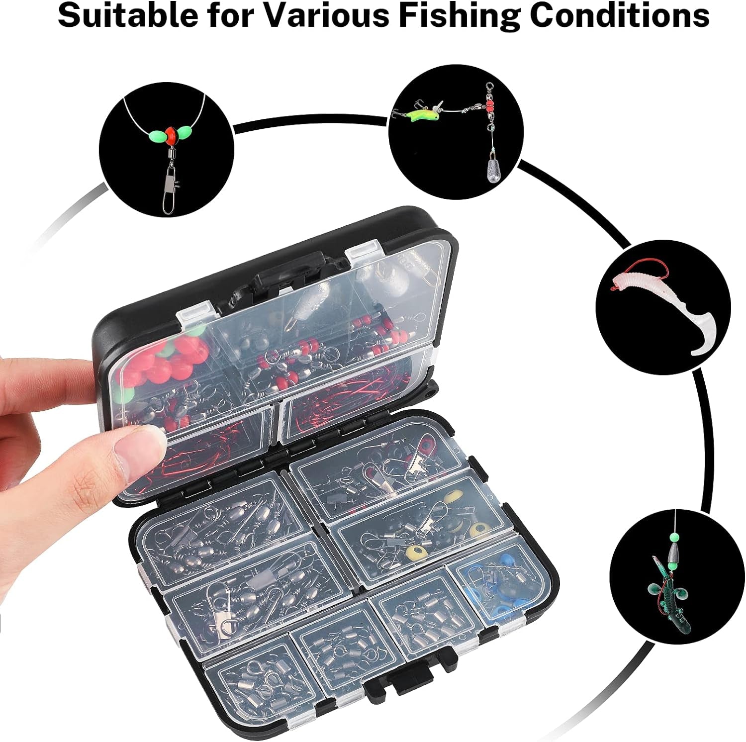 180-Piece Fishing Tackle Set with Tackle Box, Including Barrel Swivels, Offset Hooks, Swivel Slides, and Cross-Line Barrel Swivels