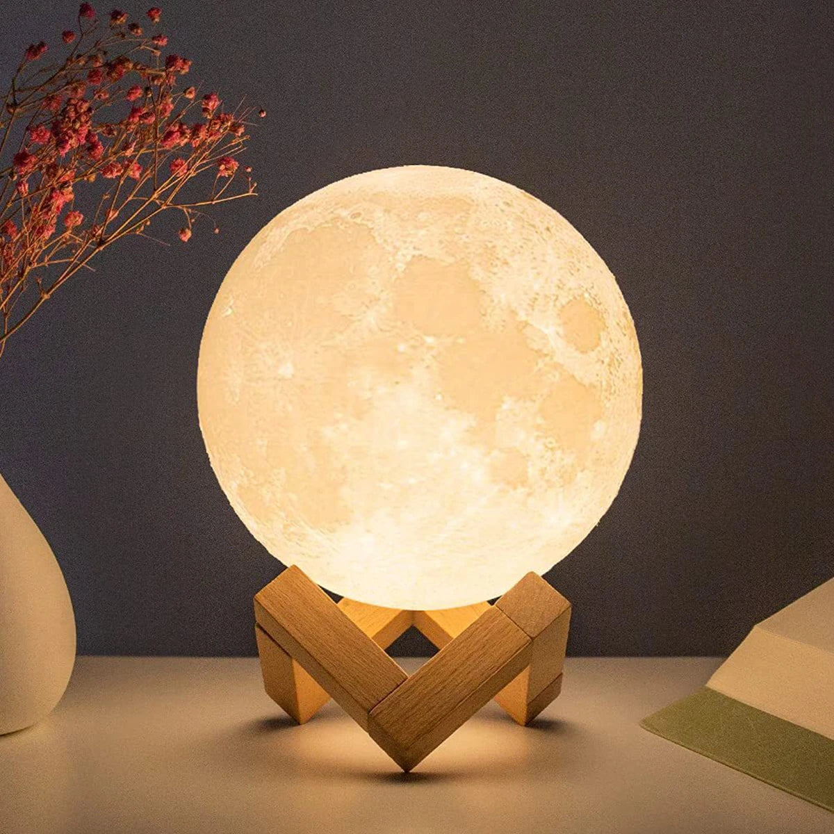 D5 8cm LED Moon Lamp with Stand - Battery-Operated Starry Night Light for Bedroom Decoration, Perfect Gift for Children and Holiday Occasions