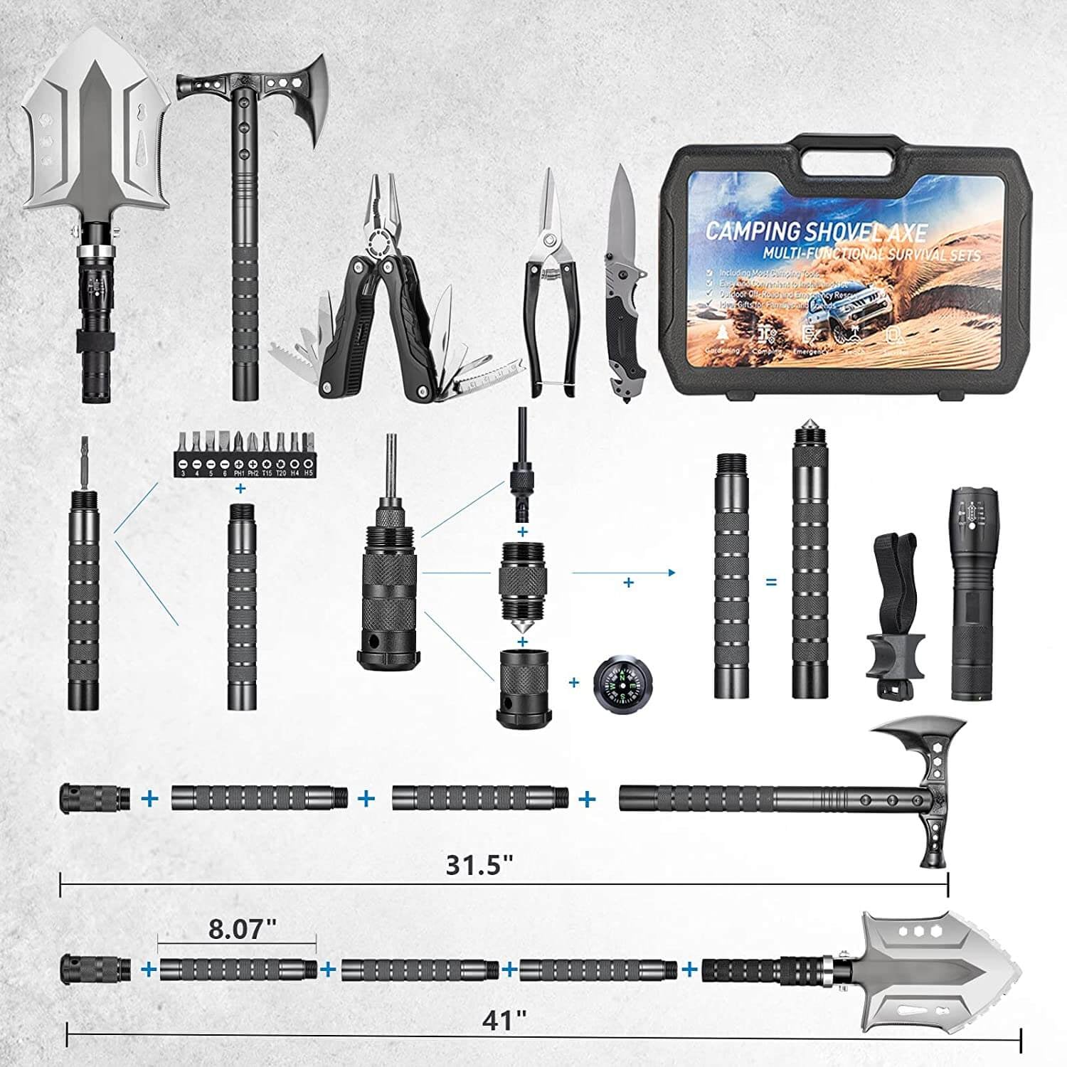 28-in-1 Comprehensive Survival Multi-Tool Shovel Kit