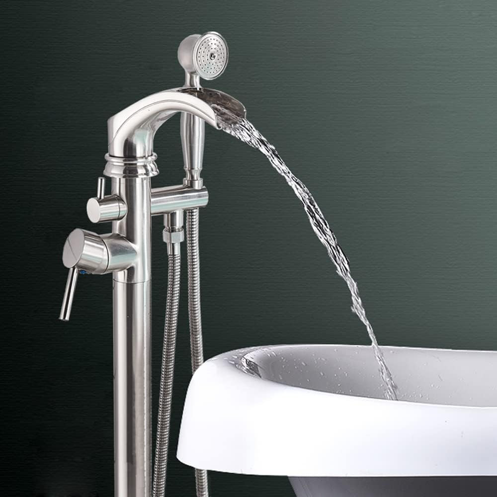 Freestanding Stainless Steel Waterfall Bathtub Faucet Set with Handheld Sprayer